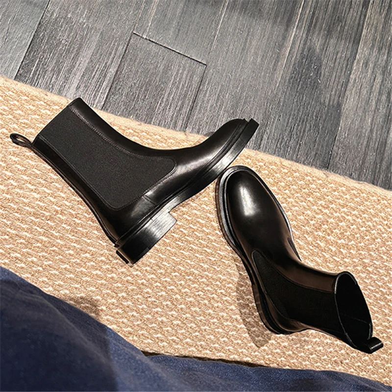 British Style All Match Knight Boots Women Chunky Heel Slip On Casual Ankle Boots Runway Mujer Fashion Chelsea Boots Stretch Ins