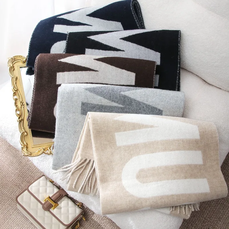 2027 New Letter Jacquard Wool Shawl, Soft Real Wool Tassel Scarf, Women Autumn Winter Warm Large Wrap