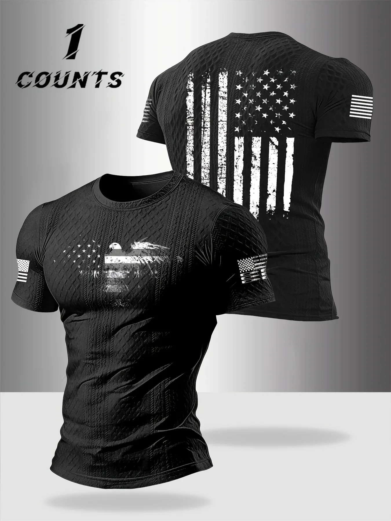 Muscle‑Fit Men Polyester All‑Over Print Tee,Simulated Waffle Texture,Distressed USA Eagle Flag,Tactical Patriotic Workout Wear