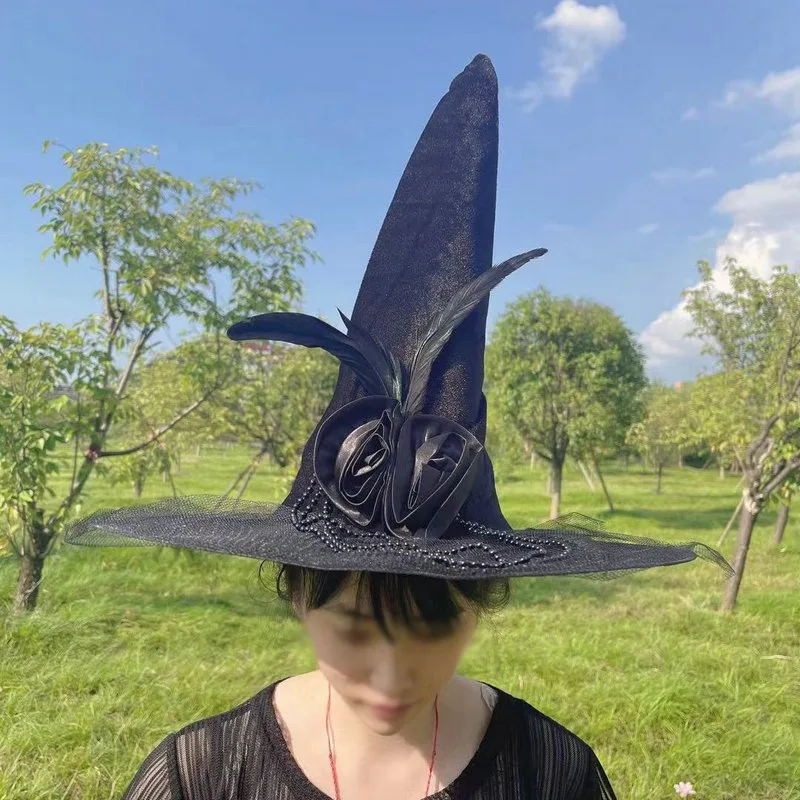 Magic Wizard Hat Stage Performance Clothing Headwear Black Rose Feather Decoration Witch Hat Magical Girl Lolita Witch Hat
