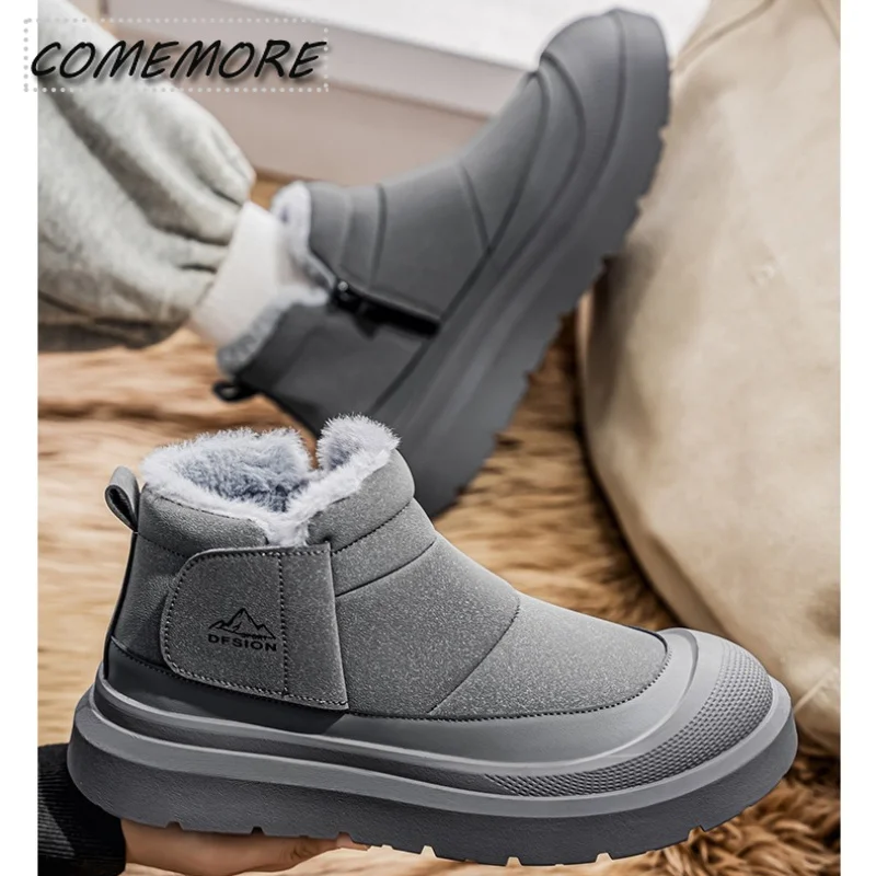 Winter Warm Men's Cotton Shoes Fashion Concise Outdoor Snow Boots Fur Side Zipper High Top Ankle Booties Non Slip Footwears