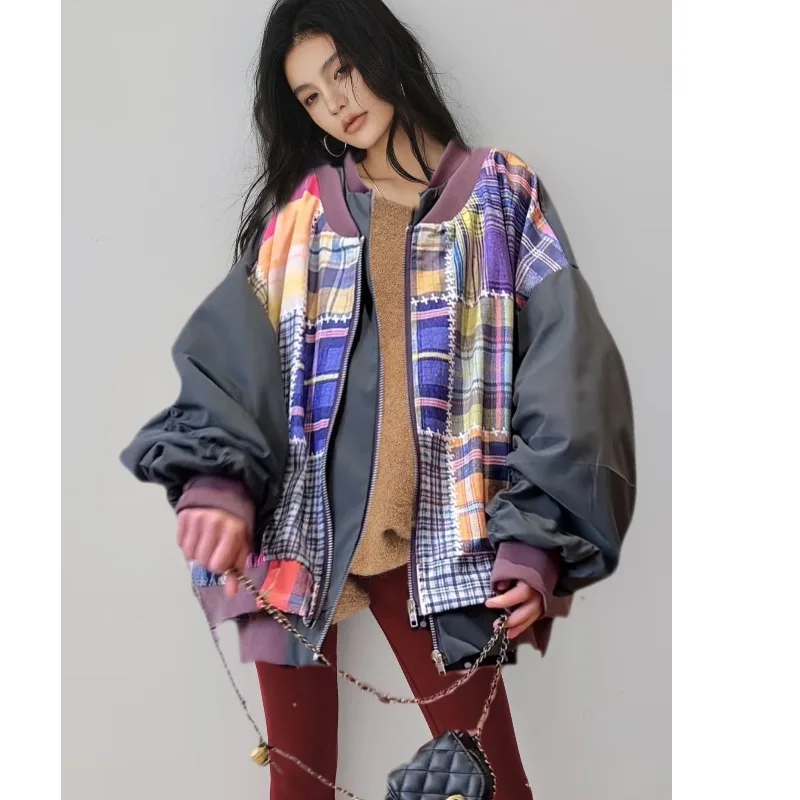 

Корейская версия, свободная синяя бейсбольная куртка контрастного цвета, популярная женская куртка с воротником-стойкой, весна-осень 2021, пальто, топ