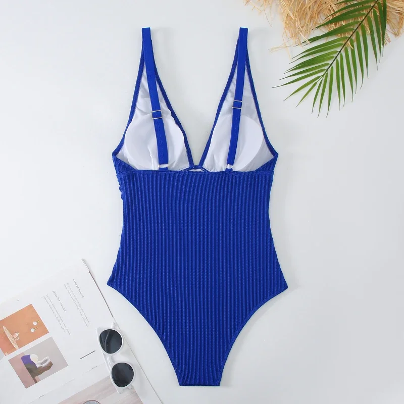 Bañador unicolor de una pieza para mujer, traje de baño sin espalda con realce, ropa de playa, Monokini a bajo precio