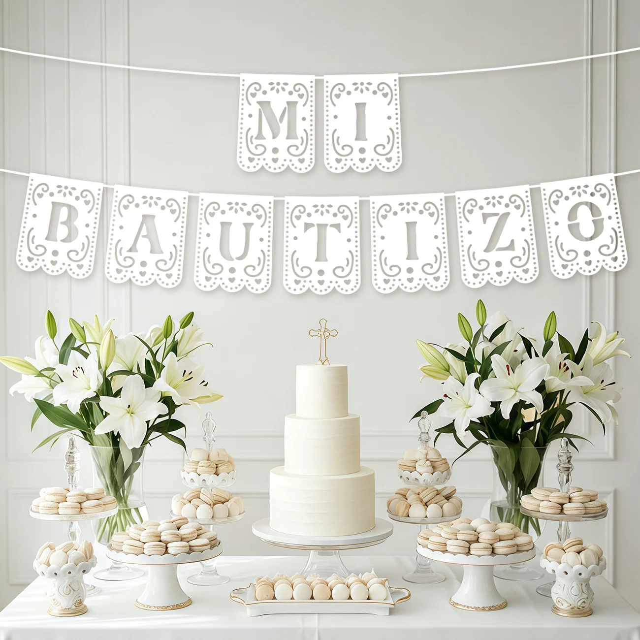 Banner de Batizado - Decorações para Festa de Comunhão, Banner Suspenso para Primeira Comunhão, Papel Picado Branco com Vibes Latinas