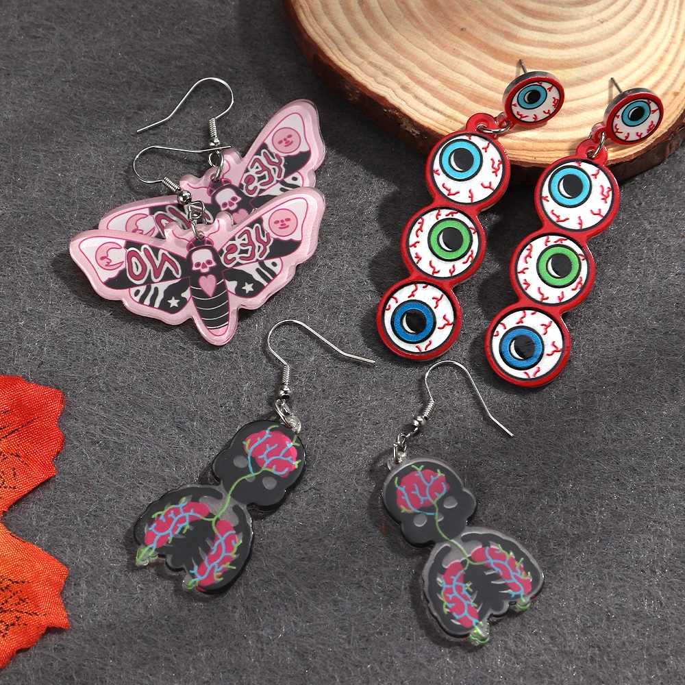 Halloween Horror Acrylic Dangle Earrings Spooky Eyeball Lip Moth Pattern Drop Earrings Gothic Punk Party Statement Ear Jewelry