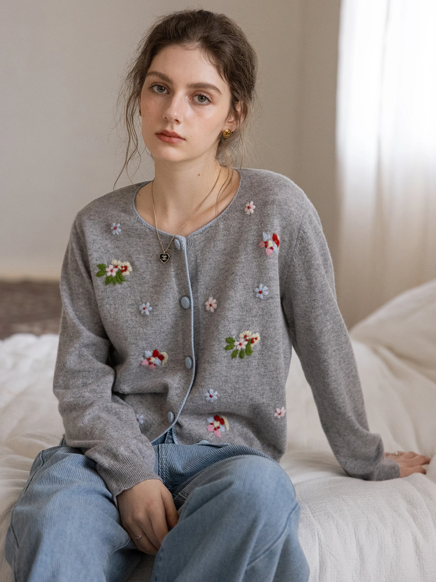 

Dailyart00 Soft Woolen Knitted Sweater with 3D Crochet Flower Collar Color Blo Design Comfortable Warm Cardigan for Women