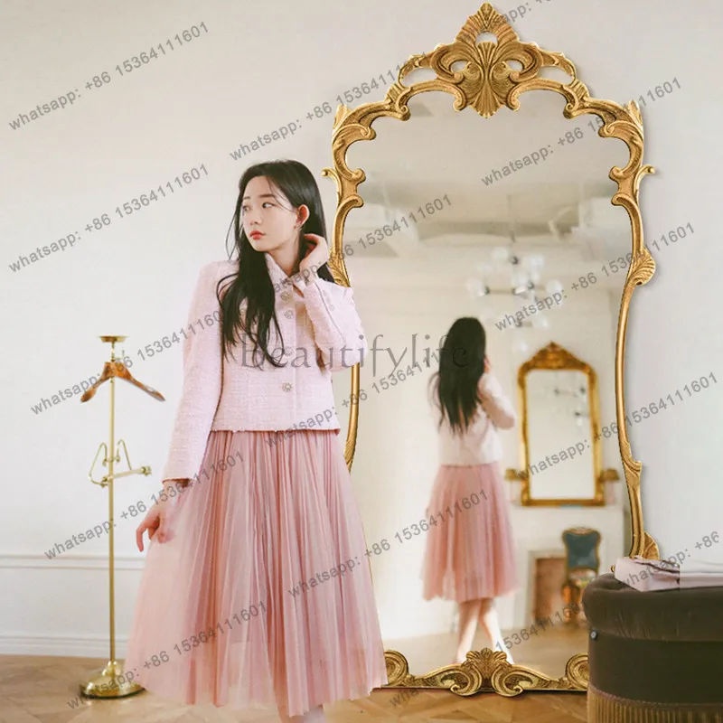 European retro carved full-length mirror household wall-mounted light luxury French full-body mirror