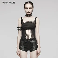 PUNK RAVE Women's Punk Elastic Yarn Hollow Out Design Tank Tops Gothic Daily Black Personalized Cool Tees Vest Summer