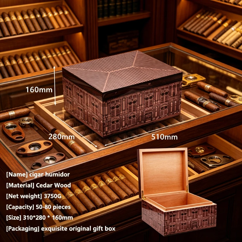 Wooden Humidor Holds 50-80 Cigars with Humidifier Bag Hygrometer Aging Resting Festive Gift