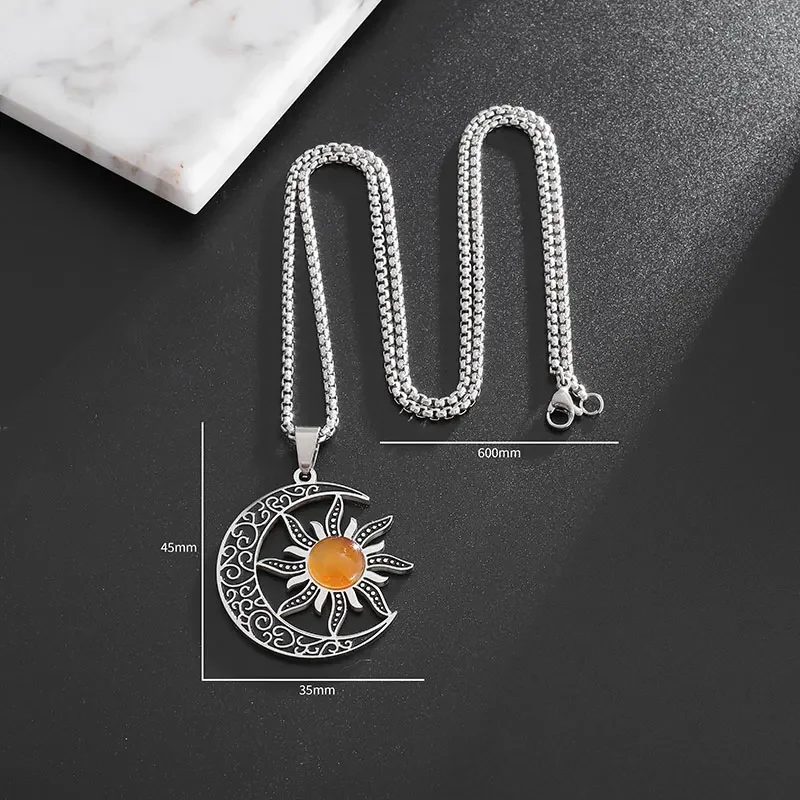 Witch Moon Sun Pendant Stainless Steel Stone Mystical Luna Crescent Witchcraft Necklace Men Women Fashion Jewelry