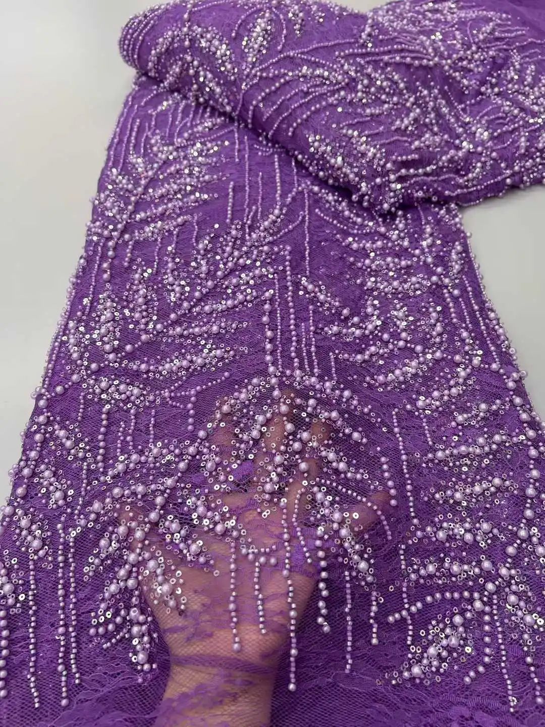 White African Beads Lace With Sequins African Lace Fabric High Quality 5 Yards Nigerian French Tulle Lace Fabric For Wedding