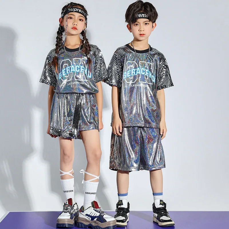 Boys Hip Hop T shirt Girl Jazz Shorts 2 Pcs Set Kids Sequin Shine Street Dance Cheerleading Stage Performance Uniform