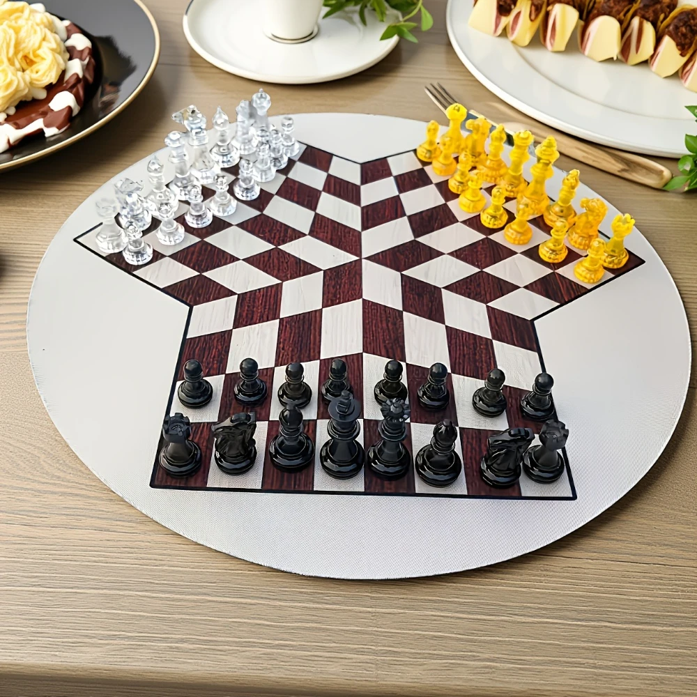 3-Player Chess Set with Transparent Pieces, Featuring Three-color Transparent High-end Pieces and a Large, Thick Rubber Board
