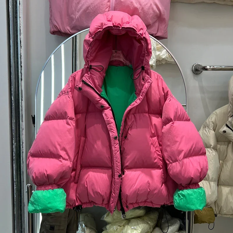 Schinteon Vrouwen Donsjack Met Kap Herfst Winter Warme Dikke Casual Losse Over Size Uitloper Witte Eend Down Jas 2024 Nieuwe