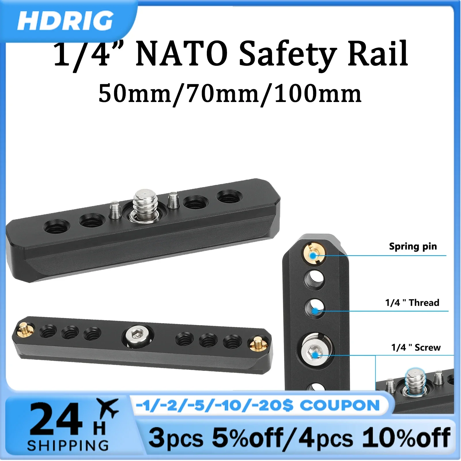 HDRIG Camera Quick Release NATO Safety Rail 50mm/70mm/100mm with 1/4