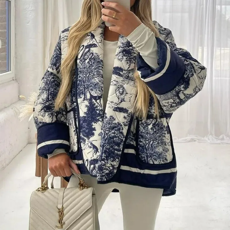 2023 Women Long Sleeve Asymmetric Hem Loose Outwear Autumn Winter Blue White Flower Print Shawl Collar Quilted Coat Ethnic