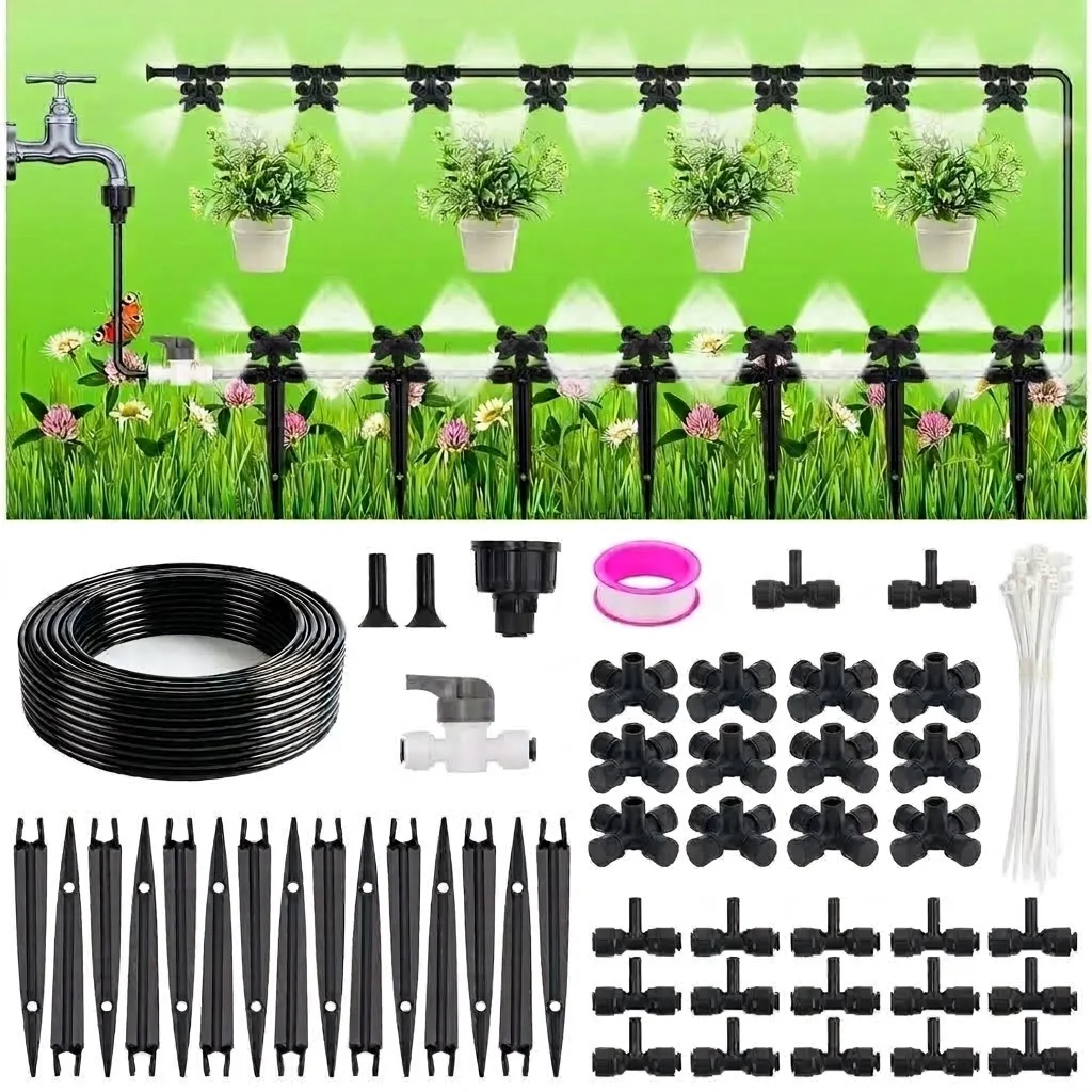 50FT Drip Irrigation System Kit Garden Watering with Quick Connectors 1/4 inch Drip Tubing and Quick Connect Fittings for Plants
