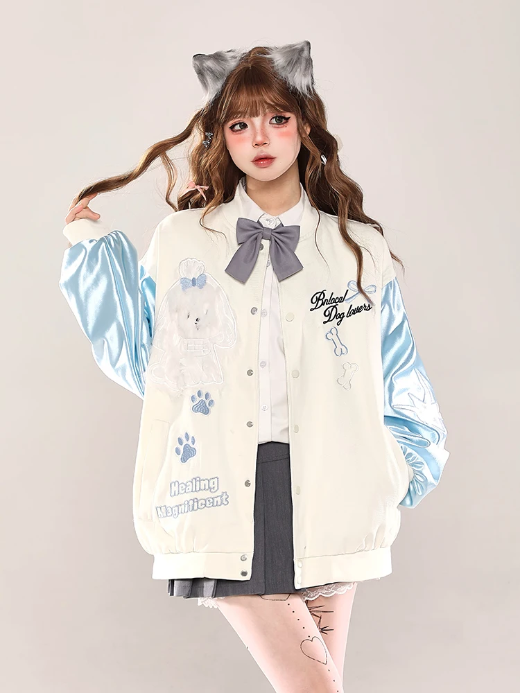 Korean Streetwear Sweet Cool Cartoon Embroidered Baseball Uniform Single-breasted Lazy Loose Casual Jacket Top Women Spring 2025