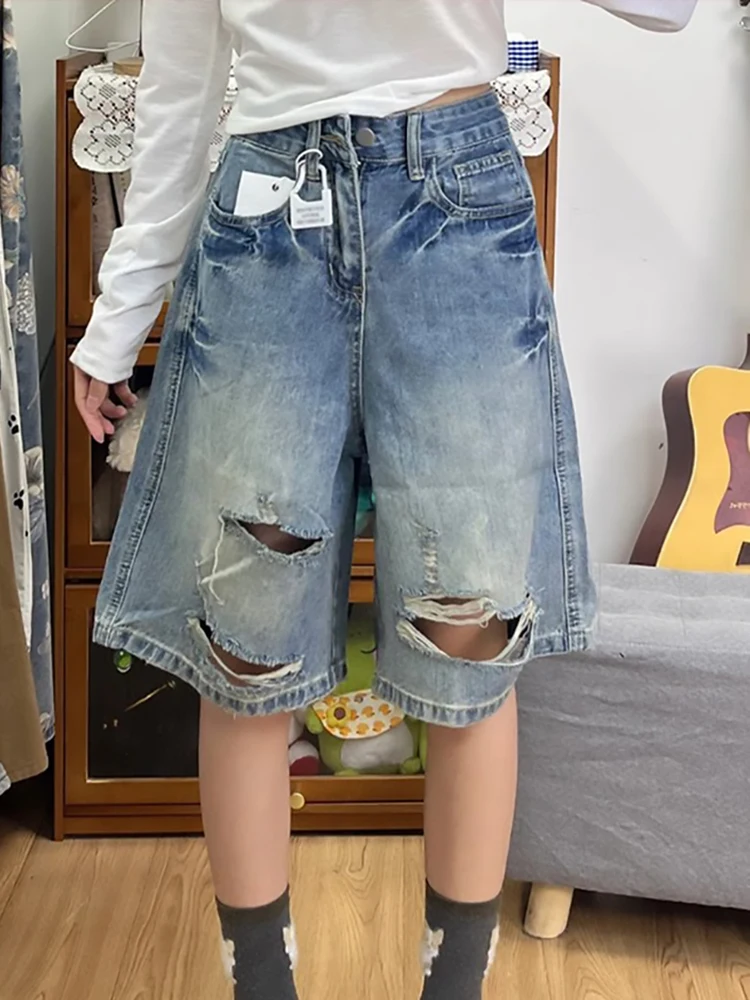 

Light Blue Wash Wide Leg Denim Shorts Summer Vintage Loose Ripped Hot Pants Women High Waist Straight Five-Point Pants