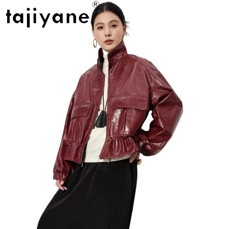 سترة من جلد الماعز الحقيقي من TAJIYANE معطف نسائي قصير أنيق عالي الجودة سترات من الجلد الطبيعي ملابس حريمي خريف 2025 schuba