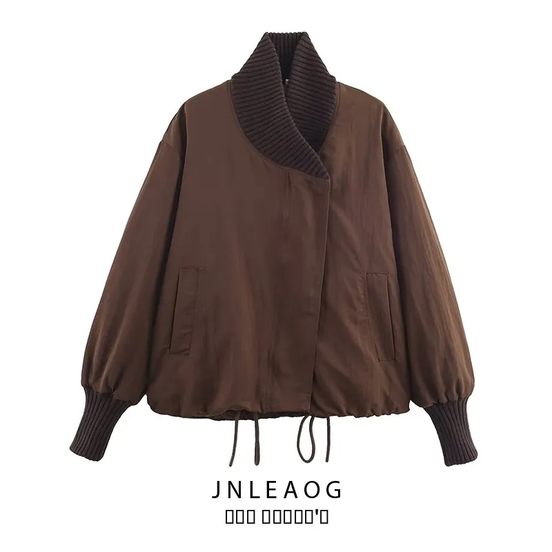 

Faionable Loose Long Sve Ribbed Jaet Women's Autumn New Sle JNLEAOG 4369253 Polyester High Collar Button Closure Coat