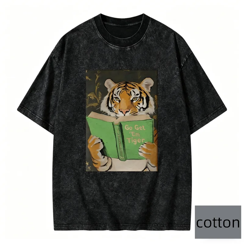 Korean Style Vintage Washed Short Sleeves T-shirt Go Get Em Tiger Graphic Tee Top Men Women Loose Fit Streetwear Casual Tee