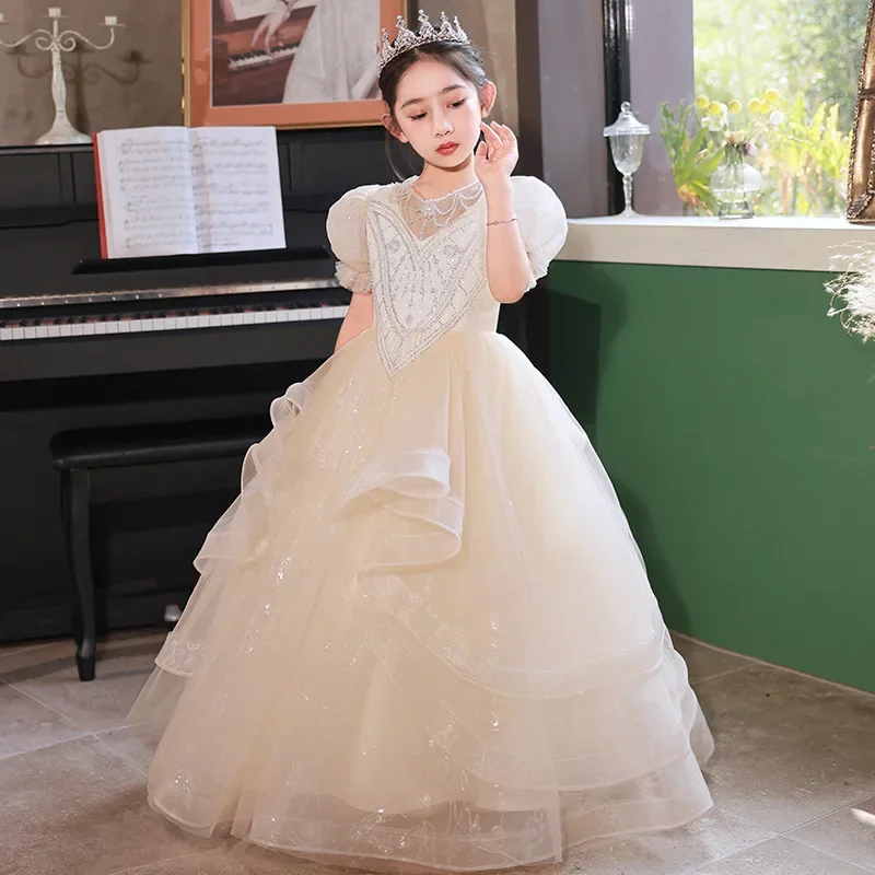 

GUXQD Champagne Ball Gown Baby Flower Girl Dresses With Pearls Children Prom Birthday Party Gowns