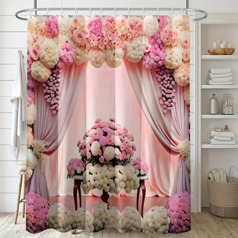 1pc Romantic Rose & Hydrangea Print Water-Resistant Polyester Bath Drapery with Hooks - Floral Art Design Unlined Woven Bathroom