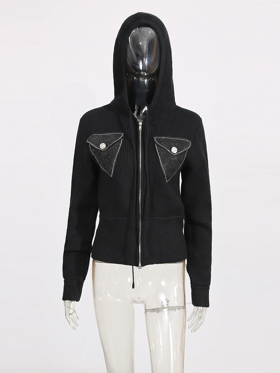 ROMISS الصلبة فضفاضة تقسم سستة البلوزات الموضة للنساء الخامس الرقبة طويلة الأكمام المرقعة جيوب سترة الملابس النسائية #2