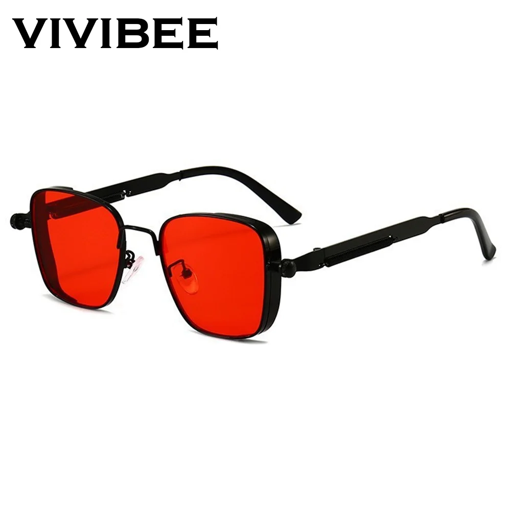 VIVIBEE Metal Square Steampunk Red Sunglasses Men Round Punk Retro UV400 Sun Glasses Women 2026 Goggles Gothic Homme  Shades