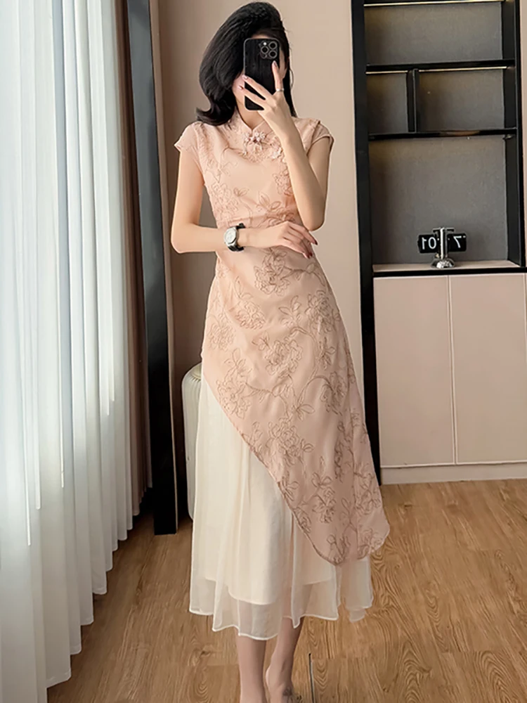 Été rose broderie florale Patchwork à volants longue robe femmes coréenne élégante robe de luxe robe 2025 nouvelle robe de soirée moulante