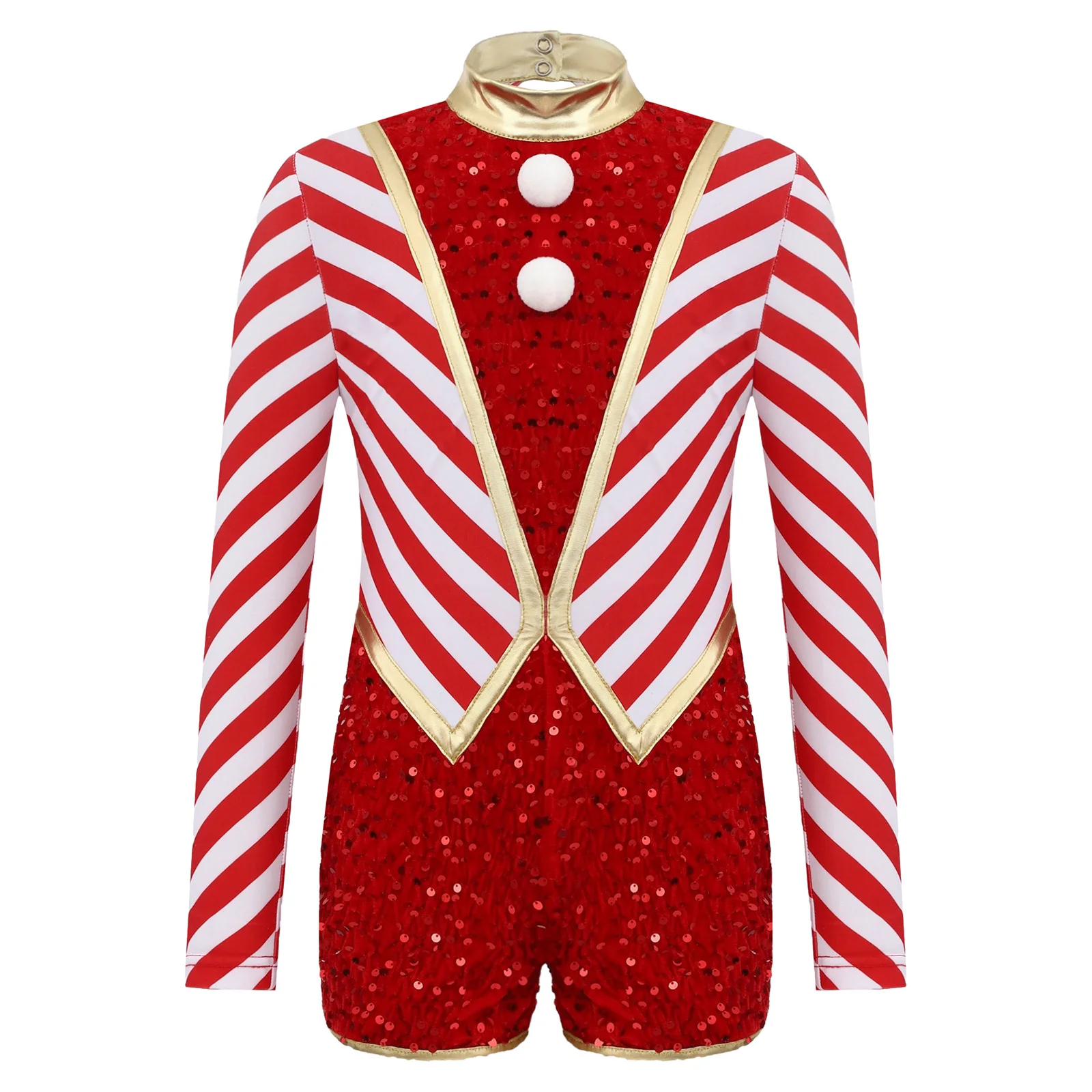 

Girls Christmas Stripes Candy Cane Costumes Xmas Party Leotards Unitards Jazz Dancewear Long Sleeve Sequins Pompoms Jumpsuit