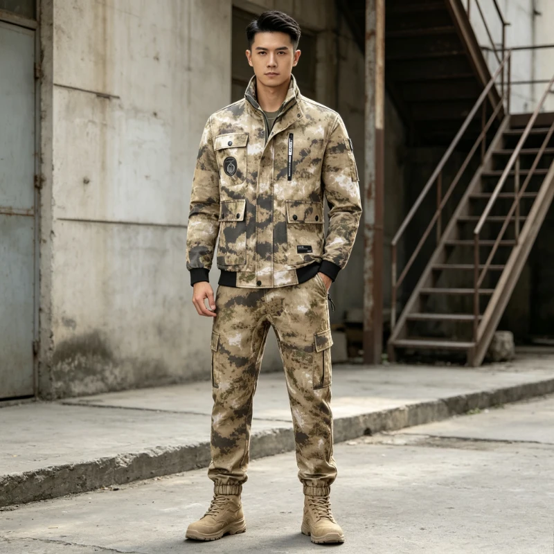 Durable Camo Training Suit, Reinforced Crotch Military Uniform for Outdoor Work Mechanic, Oil Resistant Breathable Comfortable