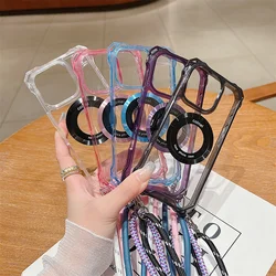 Rope Corners Strap Case For iPhone 16 15 14 13 12 Pro Max 16 Plus Magnet Crossbody Cord Lanyard Shockproof Clear Magnetic Cover