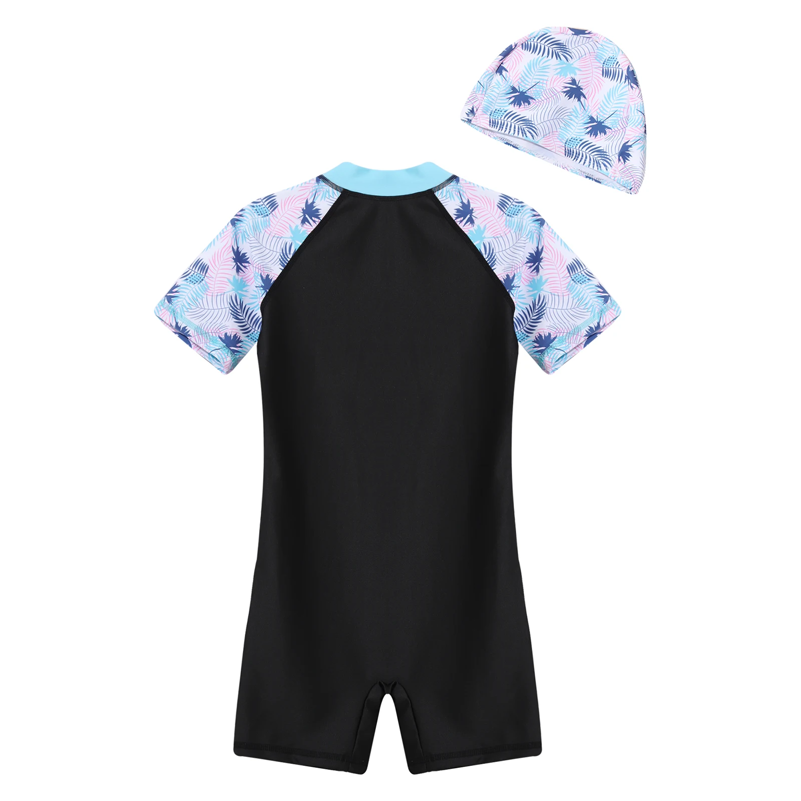 Costume da bagno intero con stampa di un pezzo per bambina con cappello tuta con cerniera anteriore Athletic Boyshort Swimswear Pool Beach costume