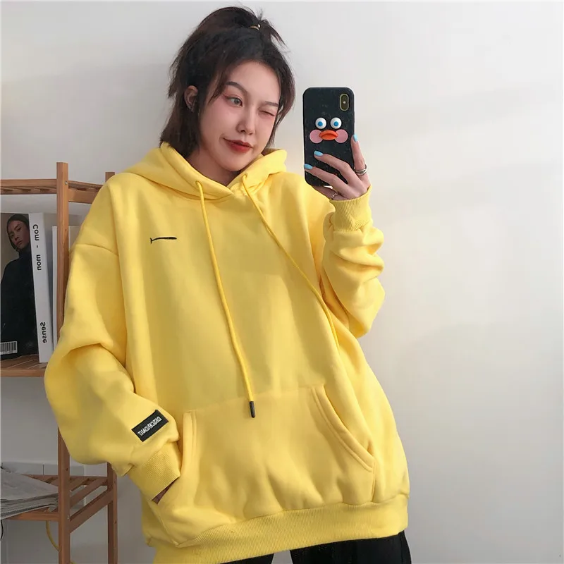 EBAIHUI Women's Drawstring Design Hooded Tops Korean Printed Loose Sleeve Ladies Sweatshirt Autumn Winter Plush Pullover Coat