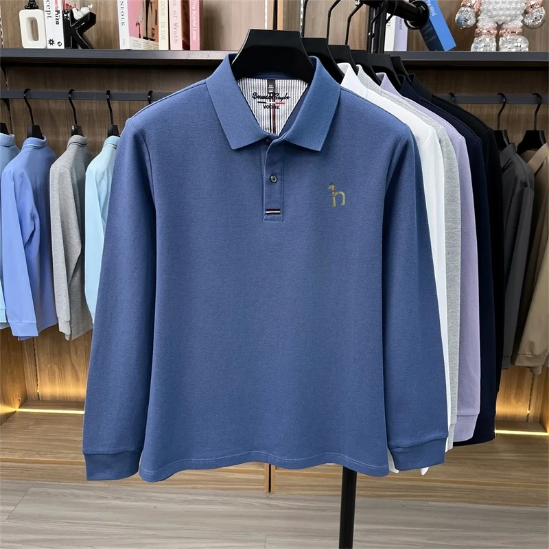 Frühling Herbst Trendiges 100% Baumwolle Herren-Poloshirt mit Aufdruck und Kragen, Einfarbiges Langarm-T-Shirt, Bequeme Freizeitkleidung für Männer – Detail 6