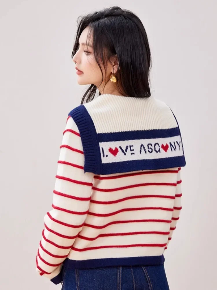 2024 New Sailor Collar Single-breasted Knitted Cardigan Women Lapel Striped Sweater Autumn Fashion Casual Coat Sweet Korean Tops