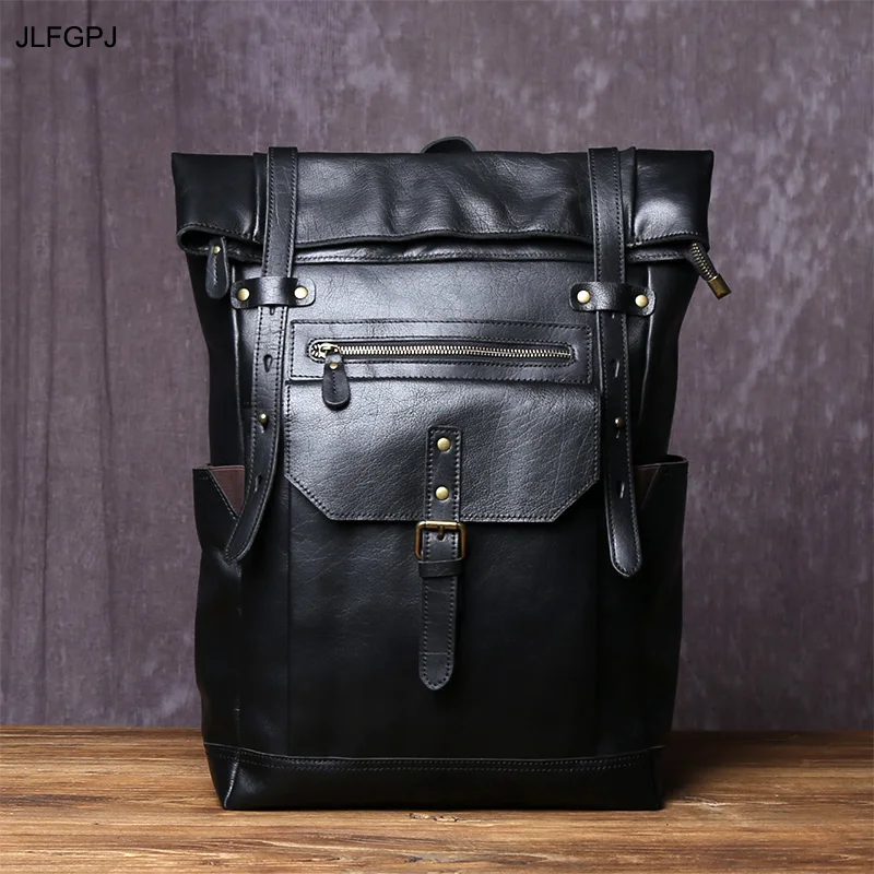 

JLFGPJ Men's Large Capacity Backpack Sports Style Genuine Leather Bag with 16-inch Computer Compartment Top Cowhide Design
