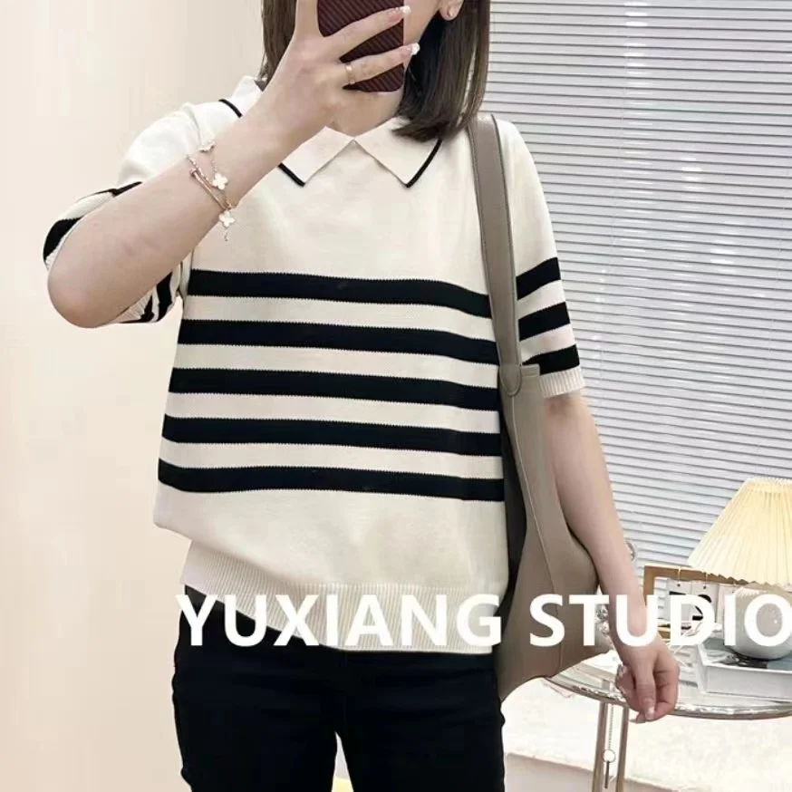 Spring Summer New Half Sleeve Women Sweater Polo Collar 100% Cotton Stripe Pullover T-shirt Casual Knitted Base Sweater Tops