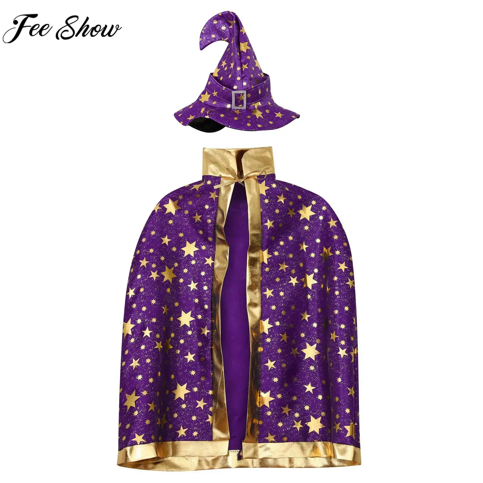 Kids Boys Girls Halloween Theme Party Witch Wizard Cosplay Performance Costume Prop Shiny Star Print Lace-Up Cloak Cape with Hat