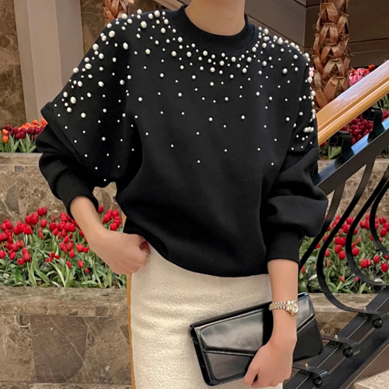 Chic Woman Pearls Beaded Loose Sweatshirt Casual Starry Beading Pullovers Hoodies Tees O-neck Long Sleeved Jumpers Tops