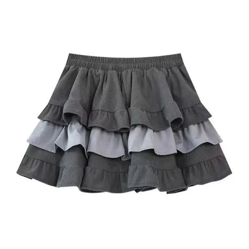 Women Mini Skirt Autumn Winter Corduroy Elastic Waist Patchwork Ruffle Fluffy Cake Skirts Vintage Sweet Y2k Faldas