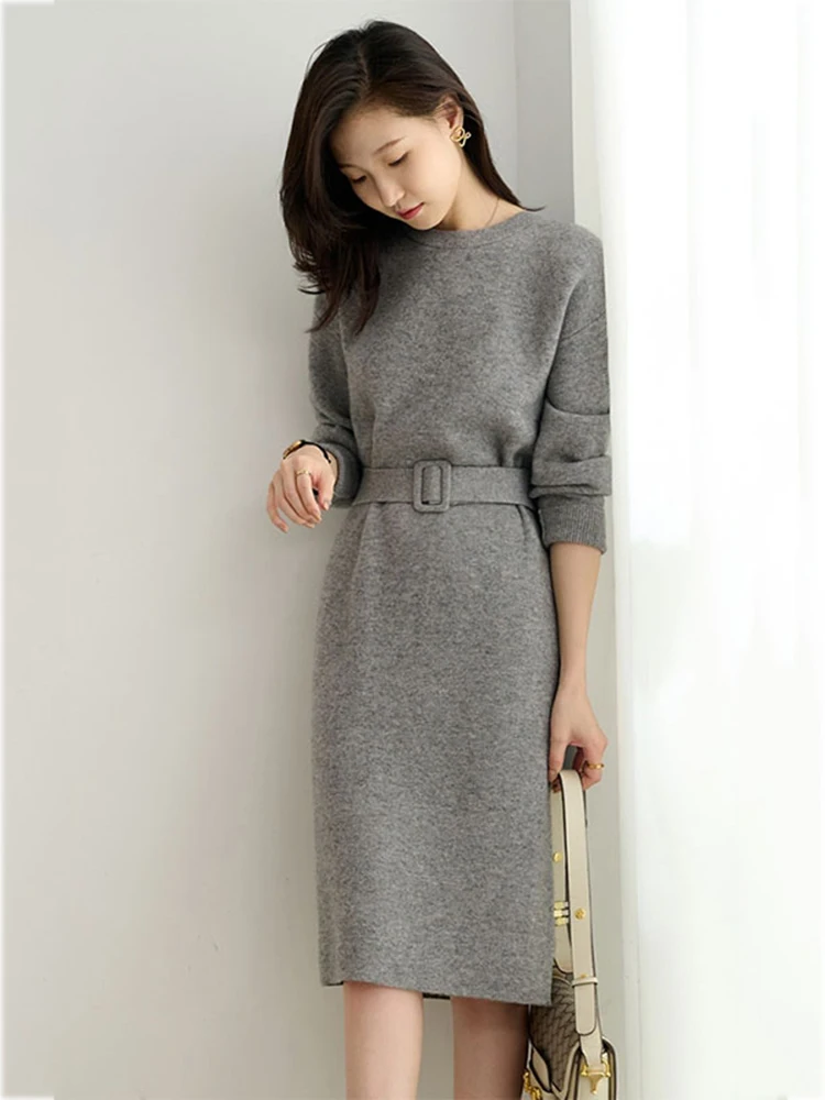 

Autumn Winter O Neck Elegant Fashion Solid Simple Lace Up Dress LadiesTemperament All-match Bottomed Midi Dresses Robe Vestidos