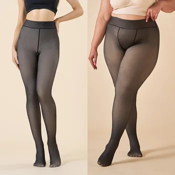Plus Size Damen Fleece Warme Winterstrumpfhose Leggings Dicke Fleecehöschen Gefälschte durchscheinende Strumpfhosen Thermostrümpfe Frau