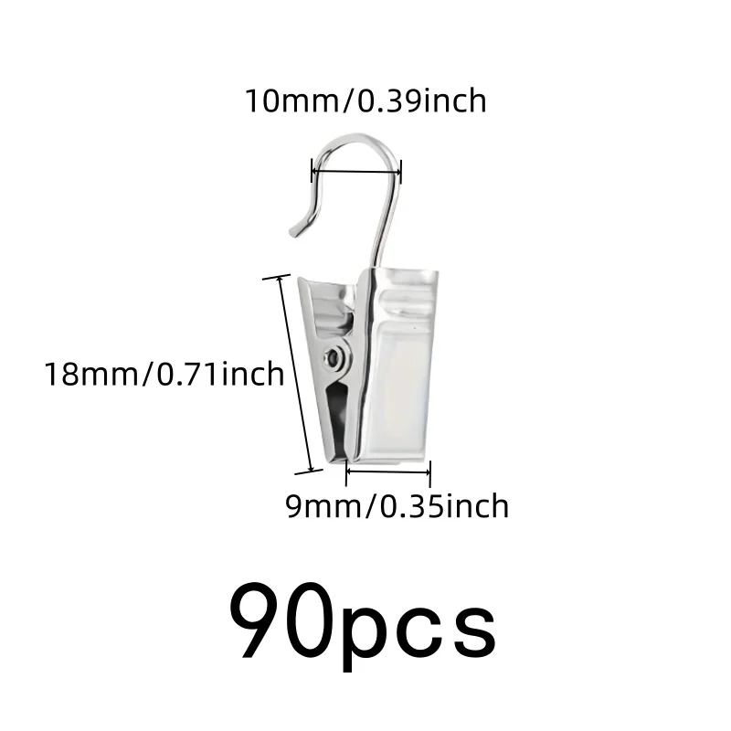 Open-End Curtain Clips 90 pcs, Rust Resistant Metal, Silver Open-End Design, for Small Item Hanging, Multipurpose