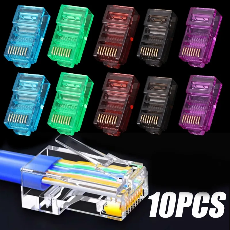 RJ45 Cat5 Pass Through Connectors Colorful Crimp Modular Plug for Solid Stranded UTP Network Cable Gold Plated 8P8C Network Plug