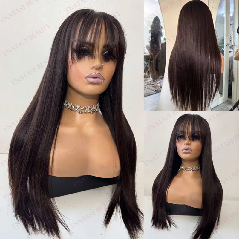 

Glueless Dark Brown Fringe Unprocessed Human Hair Black Women Easy Wear 13x4 Lace Front Wigs Natural Hairline 360 Lace Front Wig