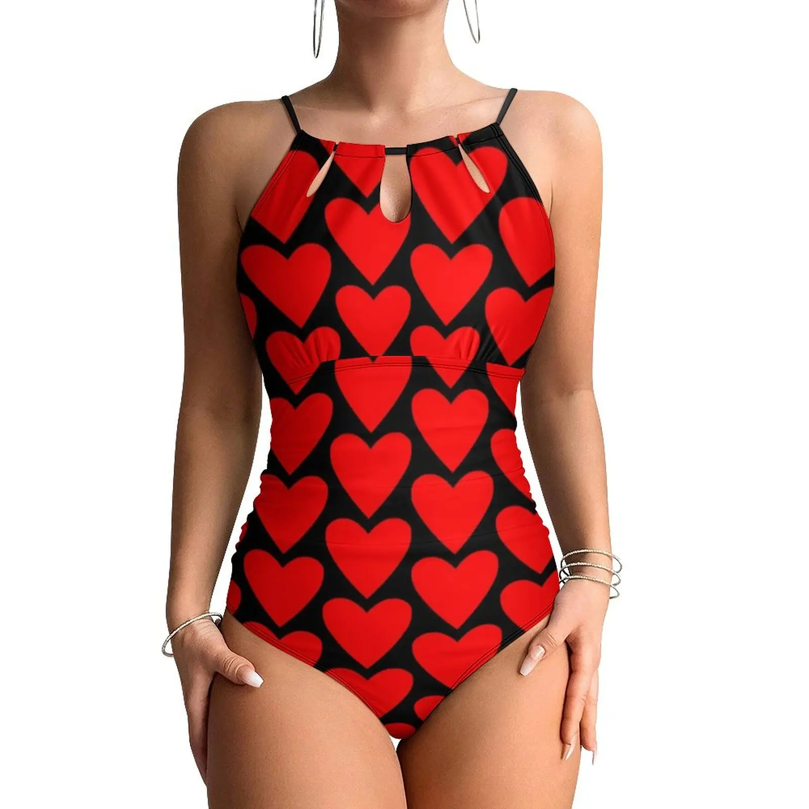 Poker Red Heart Swimsuit Sexy Valentine Day Female Swimwear One-Piece Fashion Bodysuit Holiday Swim Push Up Halter Beachwear