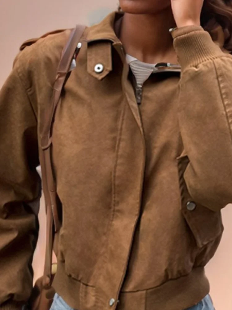 

Zipper Cropped Brown Suede Bomber Jacket Women Fashion Lapel Long Sleeve Pocket Short Coats Autumn Lady Chic High Street Outwear